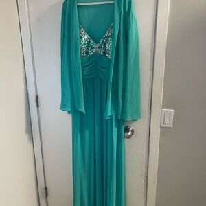 Elegant Teal Evening Gown with Sheer Overlay 2XL